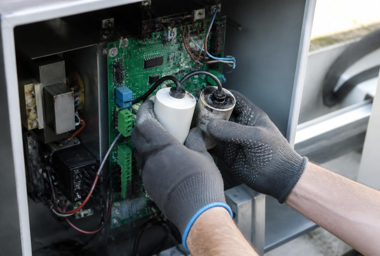 Troca de capacitor queimado dentro da caixa de comando de um portão automático